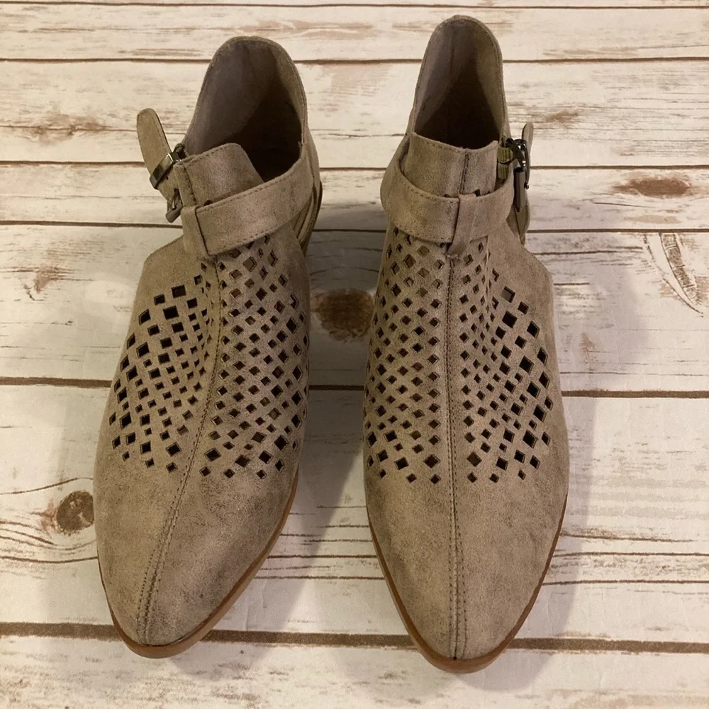 Roebuck & Co Tara Taupe Laser Cut Ankle Booties 8